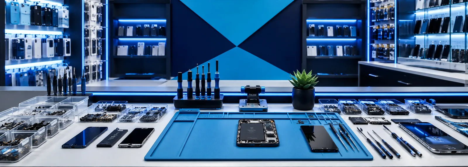 Mesa de trabajo de un taller de reparación con herramientas, repuestos y equipos desarmados