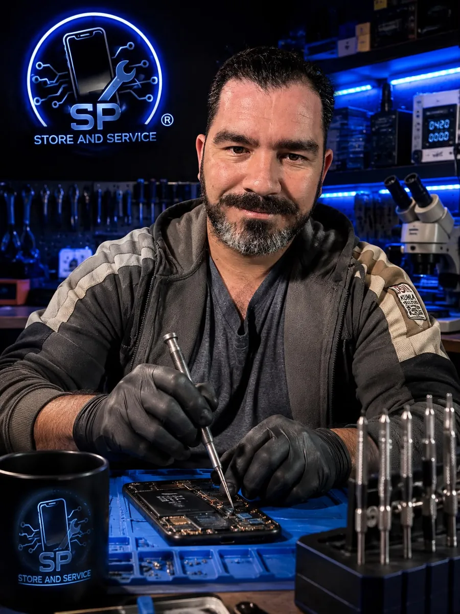 Paulo, dueño de SP Store and Service, reparando una placa de smartphone en su mesa de trabajo